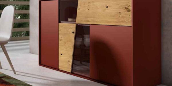 Mueble auxiliar aparador 13c-0002 lacado rojo teja y chapa natural vista completa
