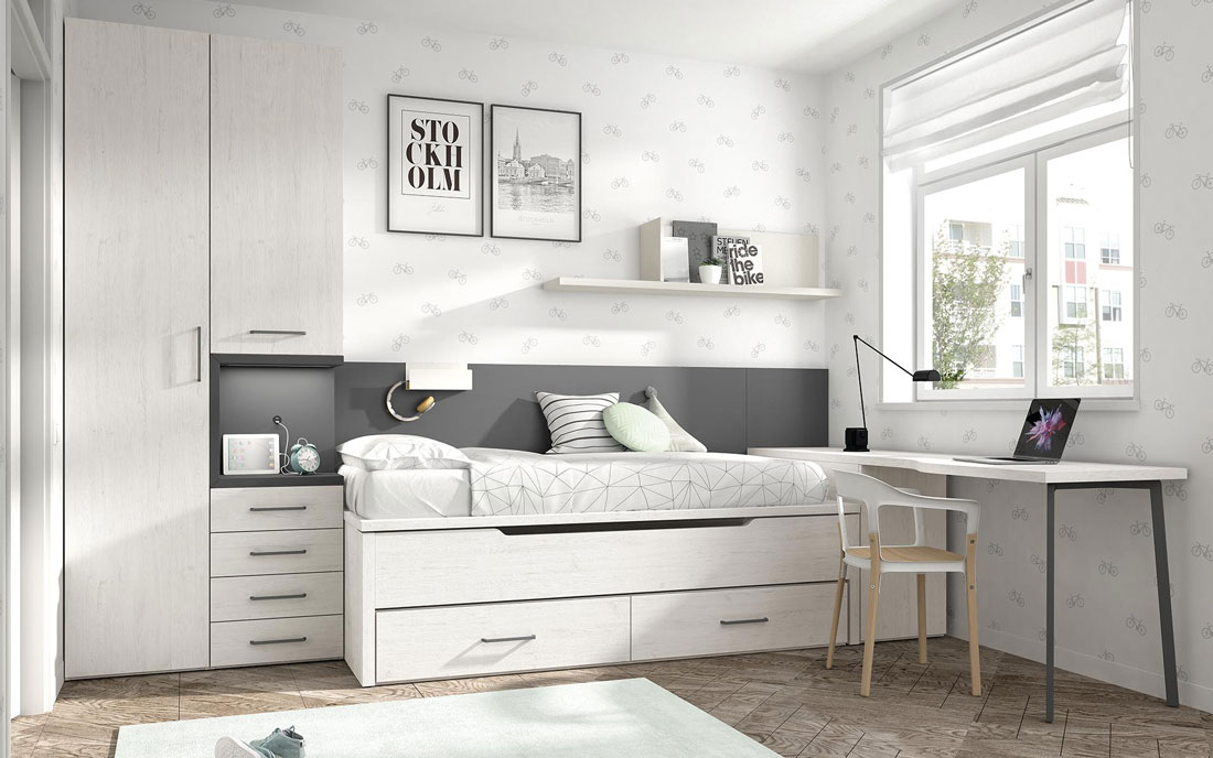 Bicama de dormitorio infantil 12b-0002 color blanco pizarro y gris vista frontal