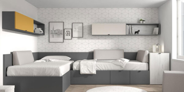Dormitorio juvenil con cama bloc 12c-0002 color gris pizarra y nevada vista completa