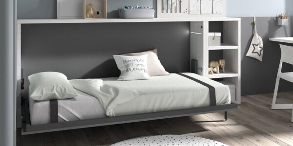 Dormitorio kids con cama abatible horizontal baja 12d-0002 color gris blanco y pizarra vista abierta