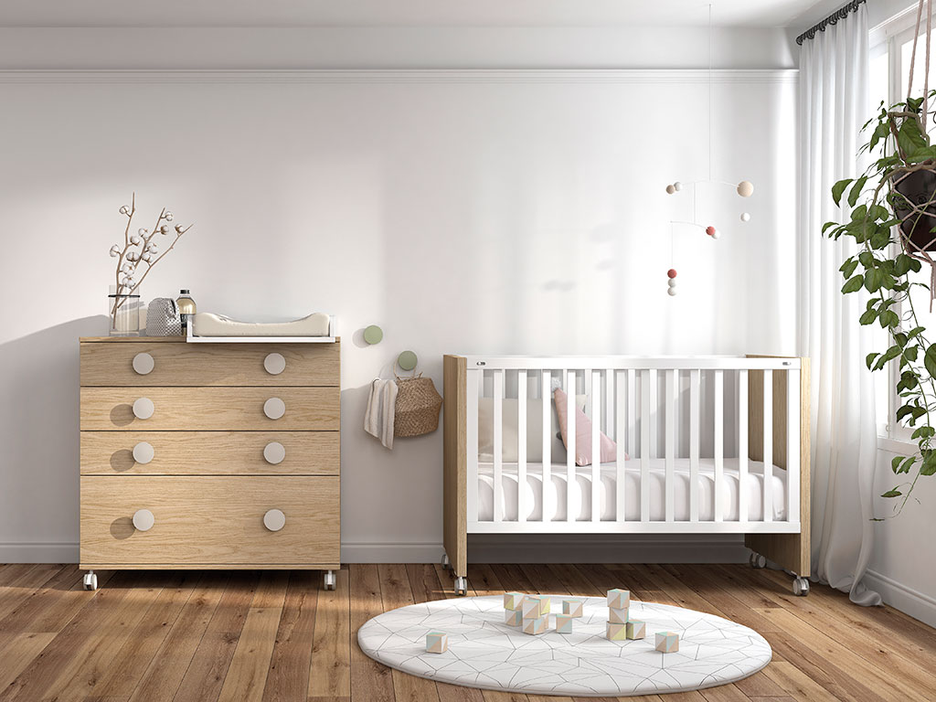 Dormitorio de bebé 12h-0003 color blanco y madera vista completa