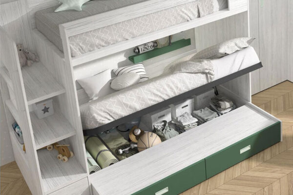 Cama de dormitorio kids con literas 12e-0002 color musgo y blanco vista de detalle