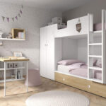 Dormitorio kids con literas 12e-0001 color blanco y madera vista completa