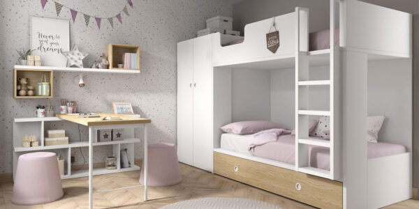 Dormitorio kids con literas 12e-0001 color blanco y madera vista completa