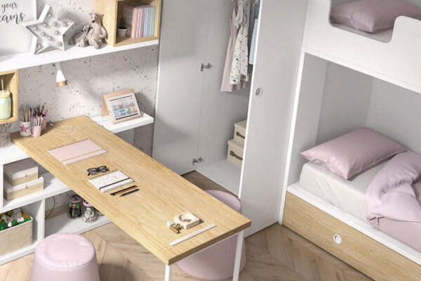 Armario y escritorio de dormitorio kids con literas 12e-0001 color blanco y madera vista de detalle
