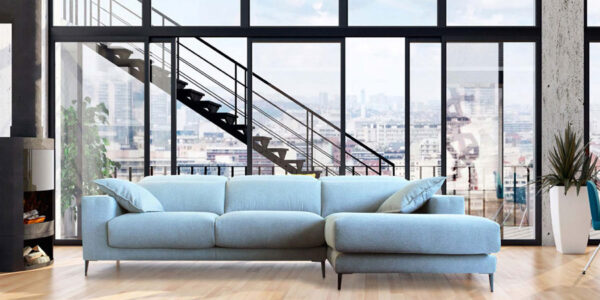 Sofá chaiselongue con asientos deslizantes 10b-0001 color azul vista ambiente