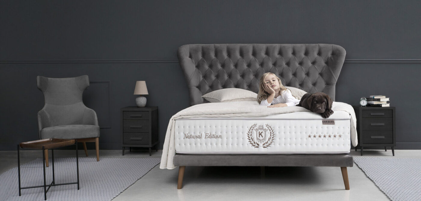 Foto de portada de niña y perro en colchón de dormitorio de matrimonio vista ambiente