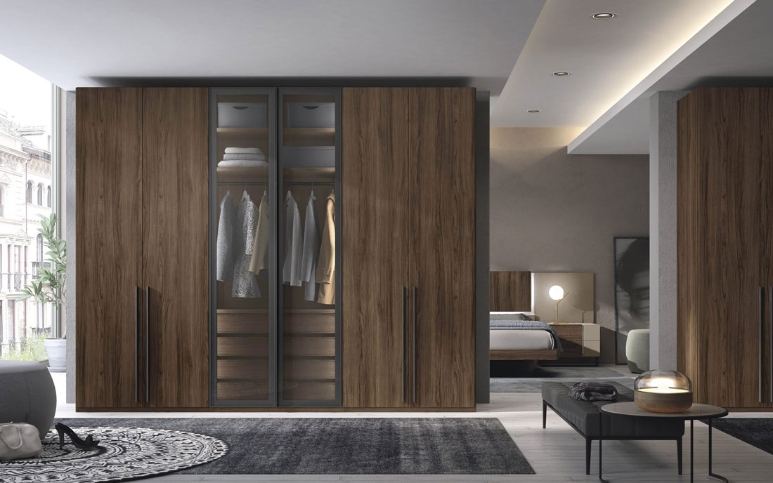Armario de dormitorio matrimonio con puertas abatibles 11b-0002 madera veteada y cristal