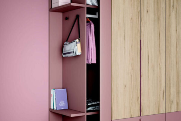 Armario de dormitorio juvenil 12f-0008 color rosa y madera vista completa