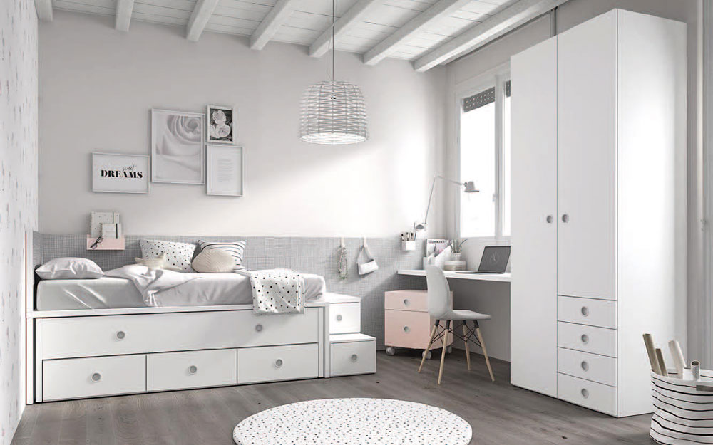 Bicama de dormitorio infantil 12b-0003 color blanco y rosa vista frontal