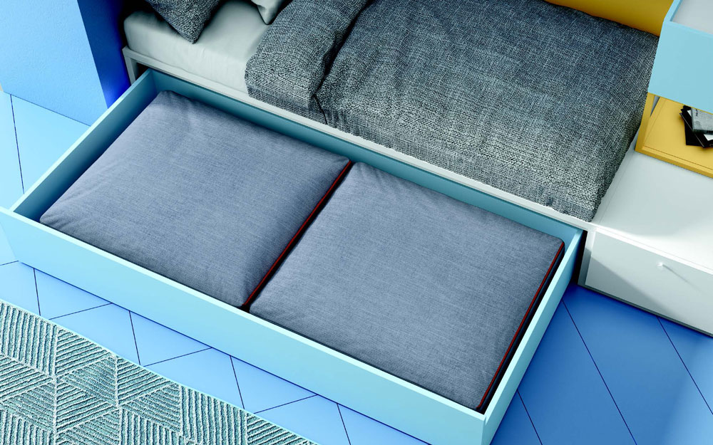 Cajón con cojines de dormitorio kids con cama bloc 12c-0007 color azul y mostaza vista de detalle