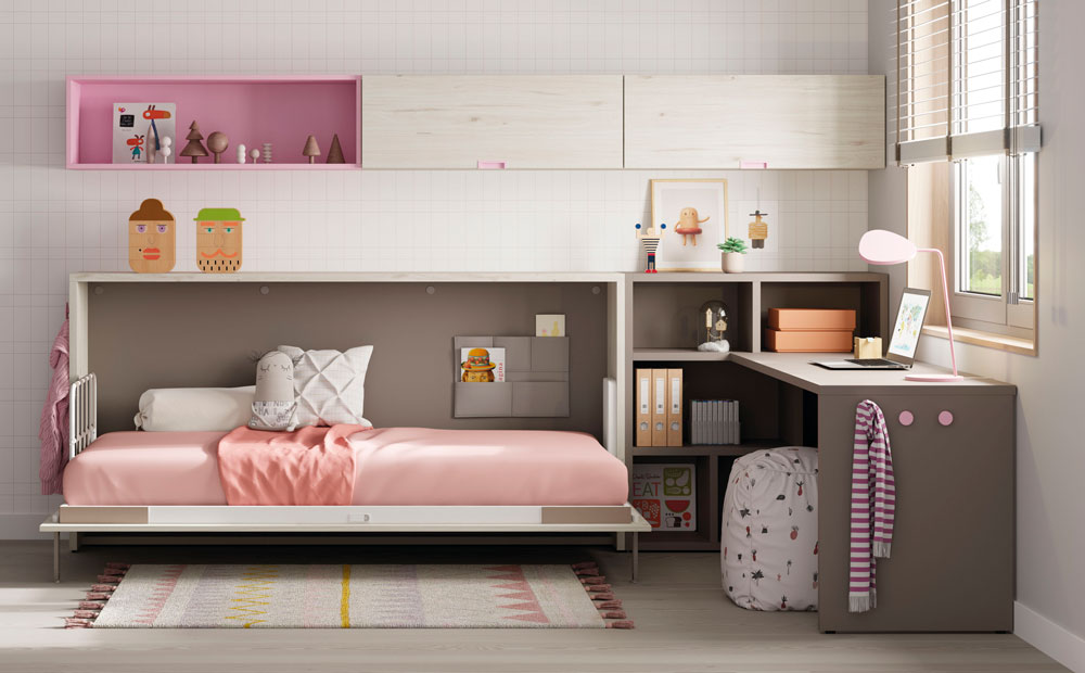 Dormitorio kids con cama abatible horizontal baja 12d-0003 color rosa y blanco vista frontal