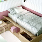 Cama de dormitorio juvenil 12f-0006 color rosa y madera vista completa