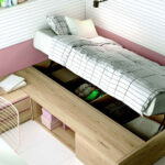 Cama de dormitorio juvenil 12f-0006 color rosa y madera vista detalle canapé