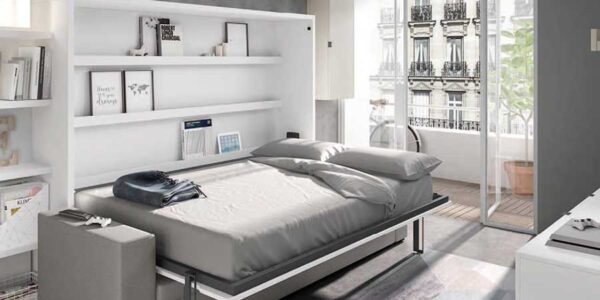 Dormitorio juvenil con cama abatible alta 12d-0007 color blanco vista completa abierta