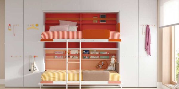 Dormitorio kids con cama abatible doble 12d-0005 color rojo naranja y blanco vista frontal