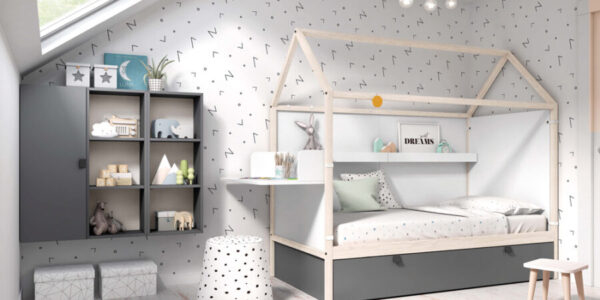 Dormitorio infantil con cama casita doble 12f-0005 color tierra pizarra y blanco vista completa