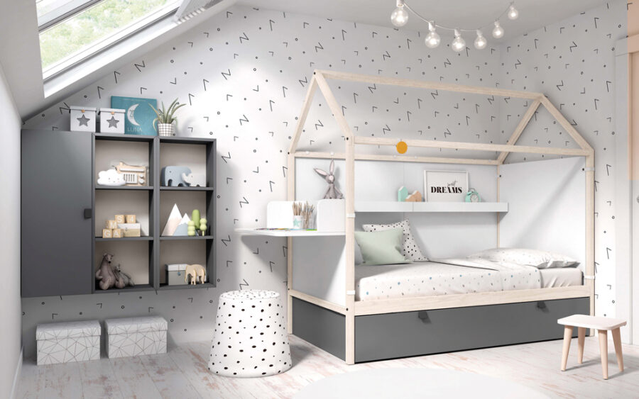Dormitorio infantil con cama casita doble 12f-0005 color tierra pizarra y blanco vista completa