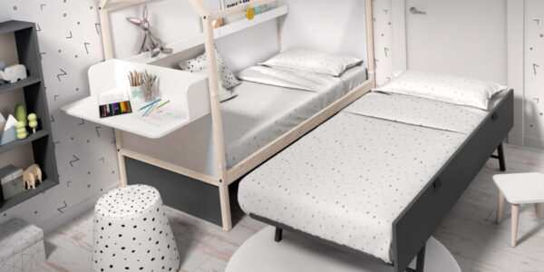 Dormitorio infantil con cama casita doble 12f-0005 color tierra pizarra y blanco vista de detalle