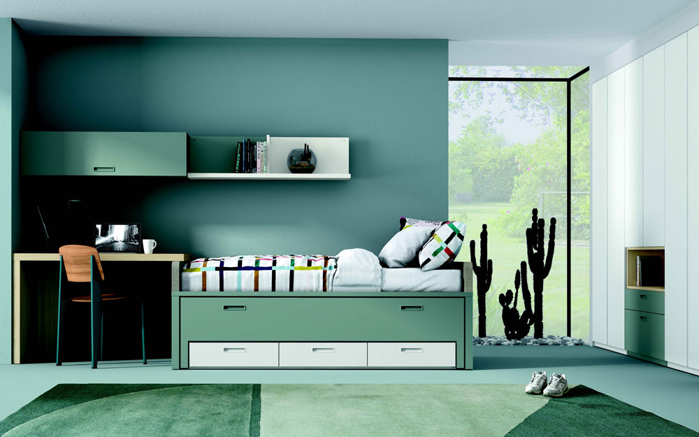 Dormitorio juvenil 12b-0006 color verde y blanco vista frontal