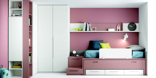 Dormitorio juvenil 12b-0005 color rosa y blanco vista frontal