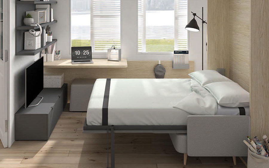 Dormitorio juvenil con cama abatible vertical 12d-0009 color gris y madera vista abierta