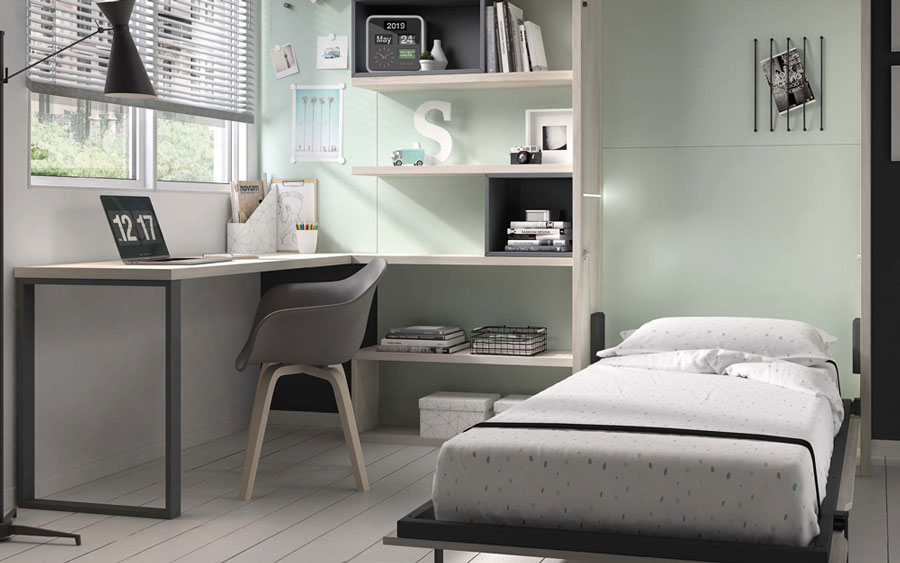 Dormitorio juvenil con cama abatible vertical 12d-0010 color madera vista abierta