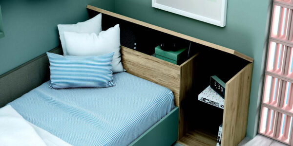 Dormitorio kids con cama bloc 12c-0005 color verde vista de detalle de cajón abierto