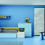 Dormitorio kids con cama bloc 12c-0007 color azul y mostaza vista general