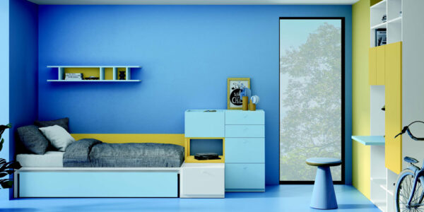 Dormitorio kids con cama bloc 12c-0007 color azul y mostaza vista general