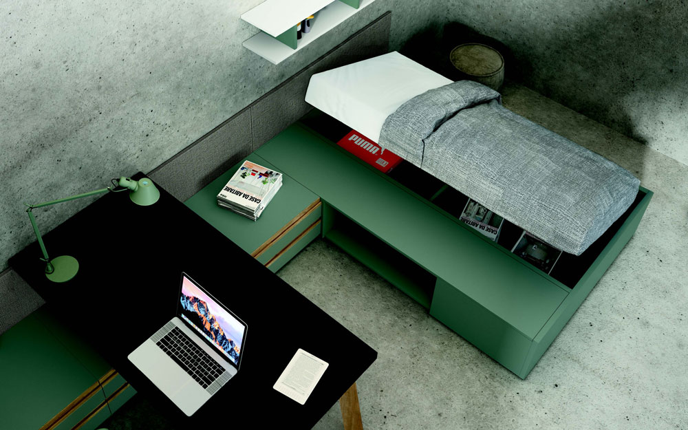 Dormitorio kids con cama bloc 12c-0008 color blanco y verde vista de detalle