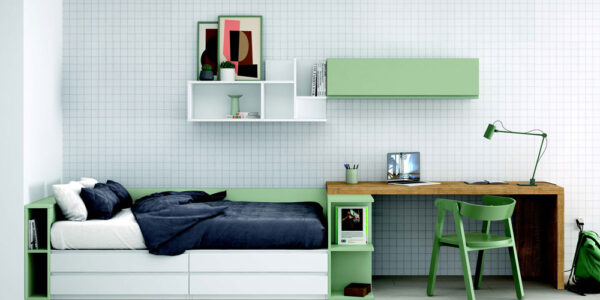 Dormitorio kids con cama bloc 12c-0009 color blanco y verde vista frontal