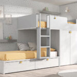 Dormitorio kids con literas 12e-0003 color blanco y mostaza vista completa