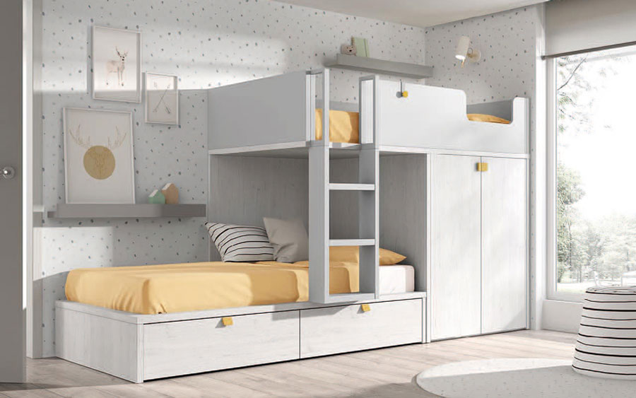 Dormitorio kids con literas 12e-0003 color blanco y mostaza vista completa
