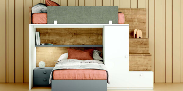 Dormitorio kids con literas 12e-0006 color blanco y madera vista técnica