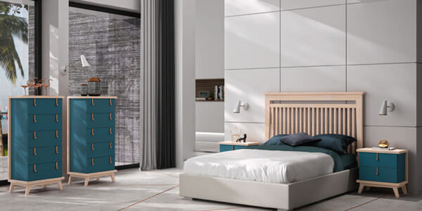 Dormitorio de matrimonio 11a-0074 en color azul y madera vista general
