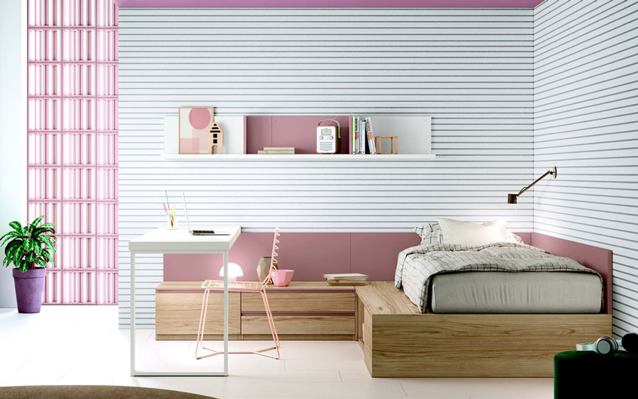 Escritorio de dormitorio juvenil 12f-0006 color rosa y madera vista frontal