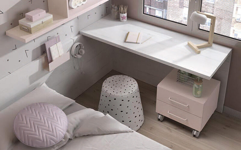 Escritorio de dormitorio con cama simple juvenil 12f-0004 color nevada blanco y rosa vista de detalle