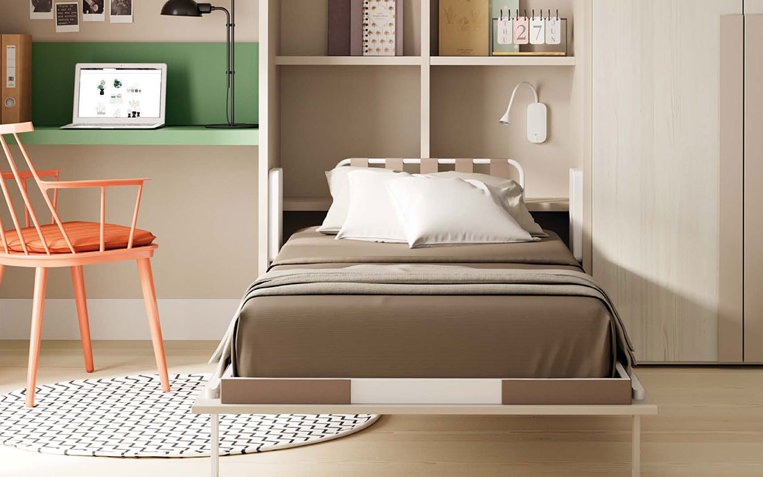 Dormitorio juvenil con cama abatible vertical 12d-0011 color nature y arena veronese vista de detalle