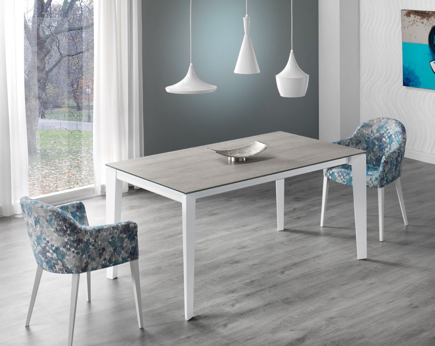 Mesa de comedor 14b-0014 color blanco y beige y azul vista ambiente frontal