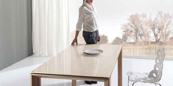 Mujer en mesa de comedor 14b-0015 madera y beige vista ambiente