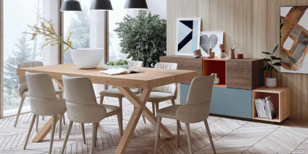 Mesa de comedor extensible con sillas 14b-0006 madera natural vista ambiente