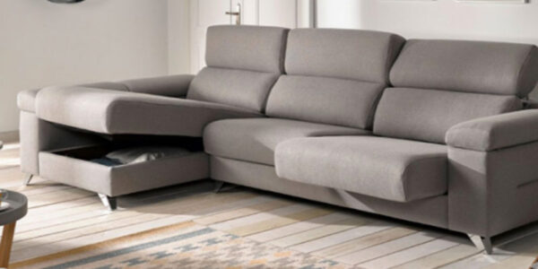 Sofá Chaise Longue 10b-0025 color gris vista detalle de asientos deslizantes y arcón
